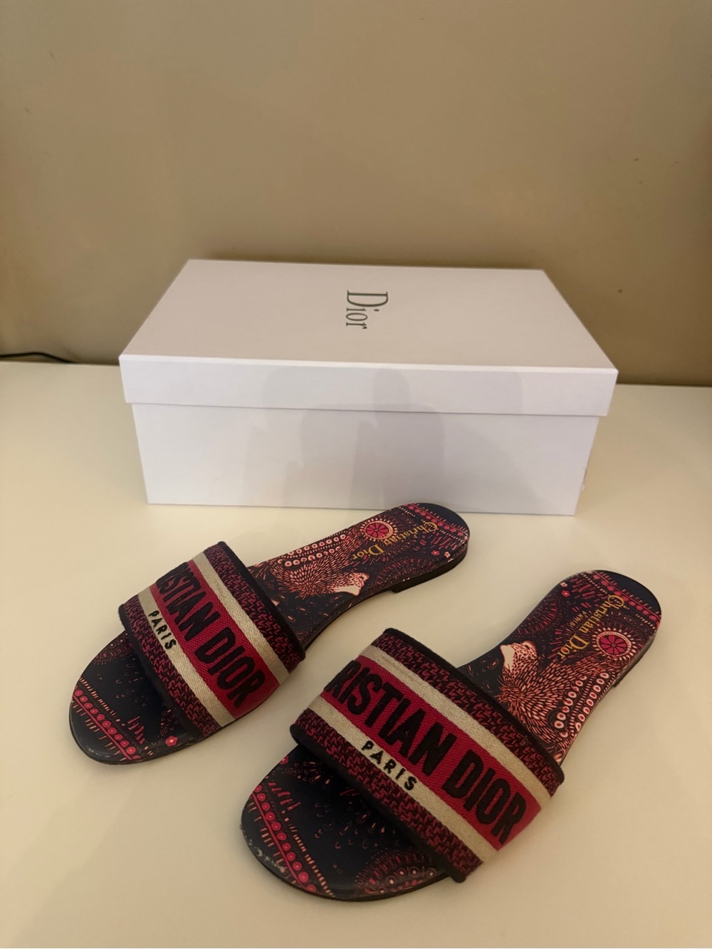 Dior Red and Black Embroidered Canvas Slide Sandals